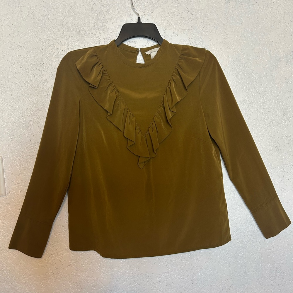 H&M Olive Green Ruffle Blouse Long Sleeve Size 10 Button Closure In The Back